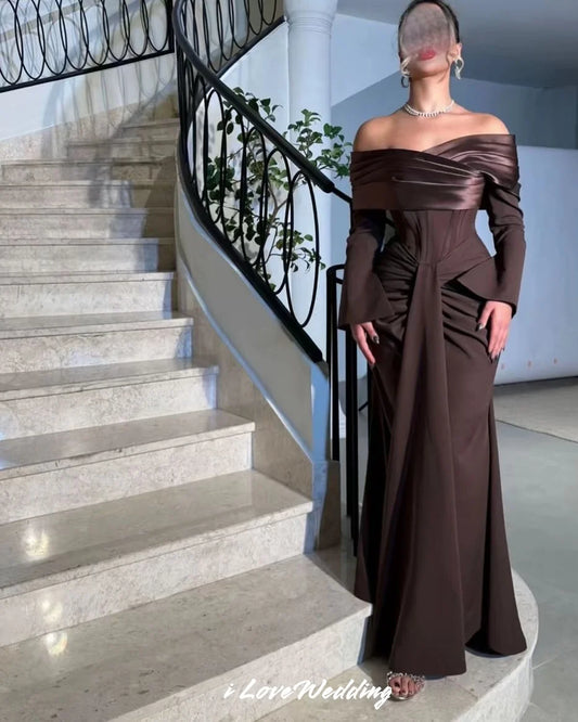 Brown Off the Shoulder Prom Dresses 2025 Satin Long Sleeve Corset Mermaid Pleated Backless Zip Wedding Party Dress Customized