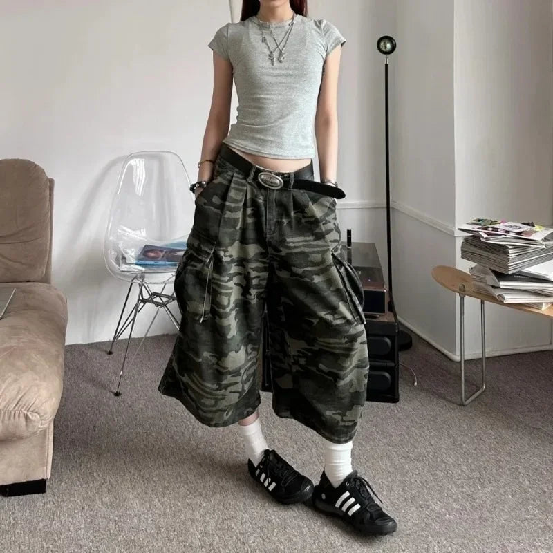 American Camouflage Jeans Men's and Women's High Street Loose Straight Leg Casual Versatile Seven-minute Denim Pants Male