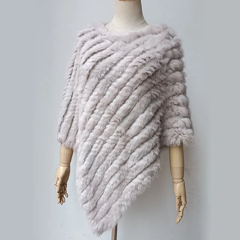 HSPL 2023 Spring Hot Sale Knitted Natural Fur Shawl  Fashion Rabbit Fur Cape Shawl Genuine Rabbit Fur Women Black Fur Poncho