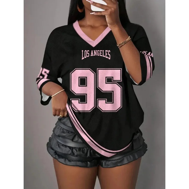 Women's Los Angeles 3D Printed V-neck Short Sleeved Quick Drying T-shirt, Summer Baseball Shirt, Plus Size Men's Sports T-shirt