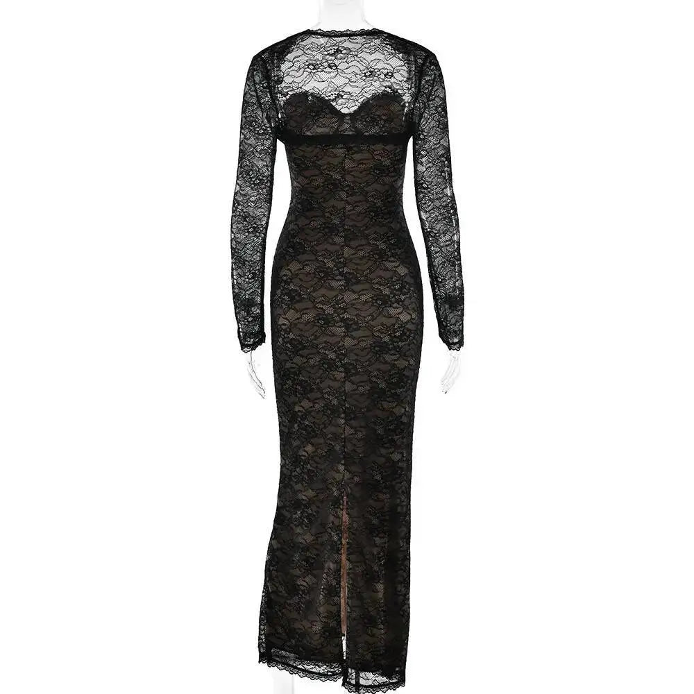 Townlike Lace Slim Bodycon Maxi Long Dress Women 2025 Summer Autumn Winter Dress Nightclub Sexy Party Dresses With Shawl Lining