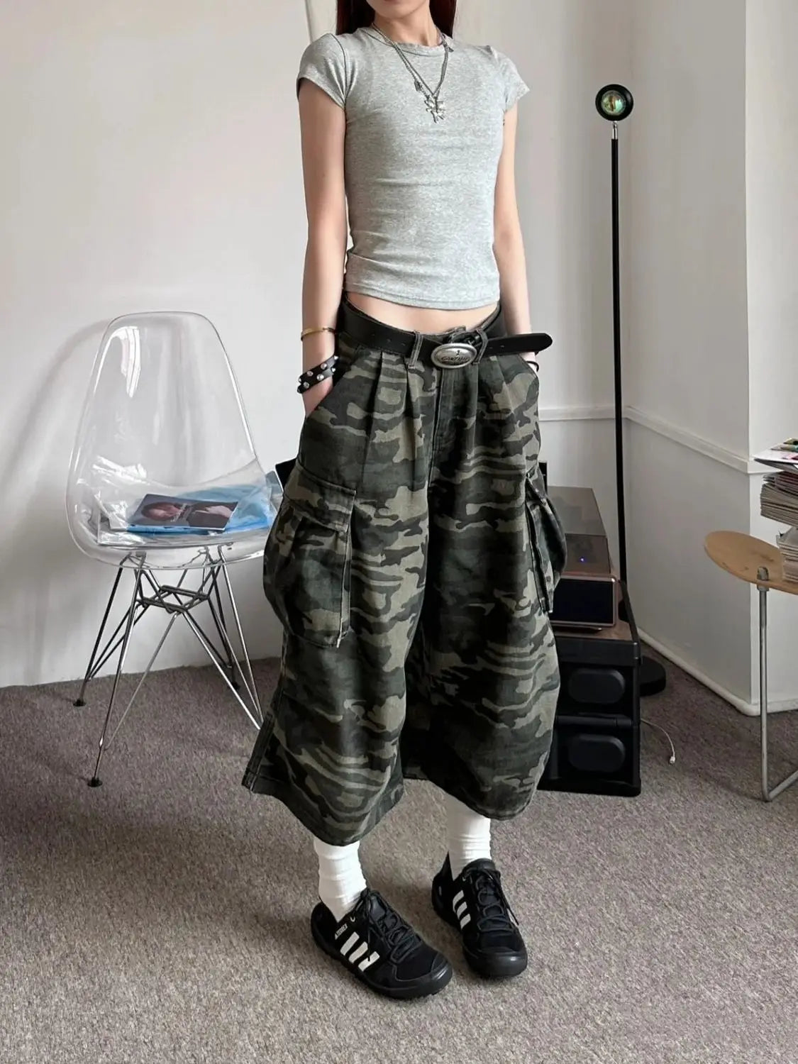 American Camouflage Jeans Men's and Women's High Street Loose Straight Leg Casual Versatile Seven-minute Denim Pants Male