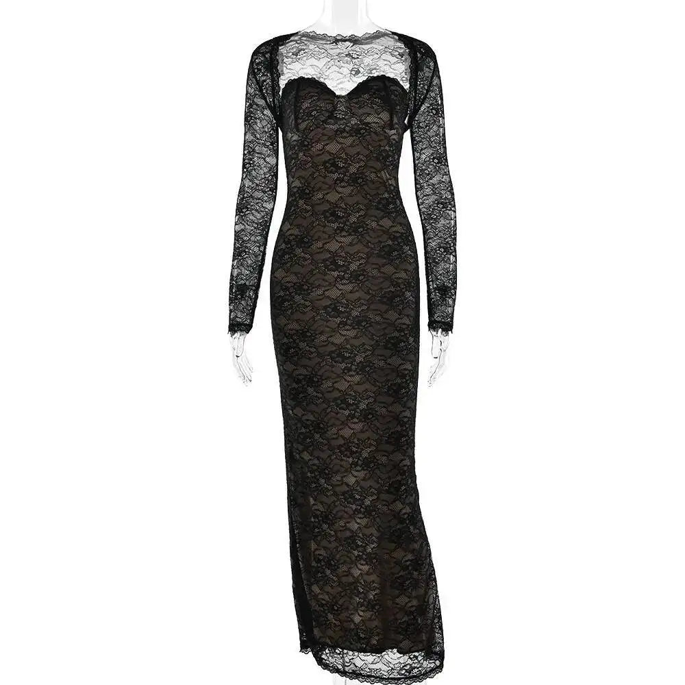 Townlike Lace Slim Bodycon Maxi Long Dress Women 2025 Summer Autumn Winter Dress Nightclub Sexy Party Dresses With Shawl Lining