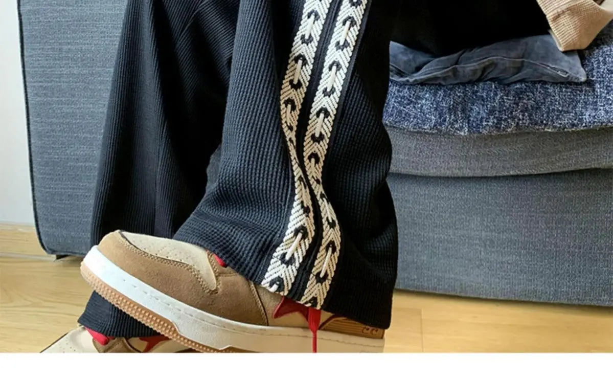 American High Street Waffle Autumn Casual Pants Men Solid Patchwork Print Trendy Fashion Pockets Loose Straight Wide Leg Trouser