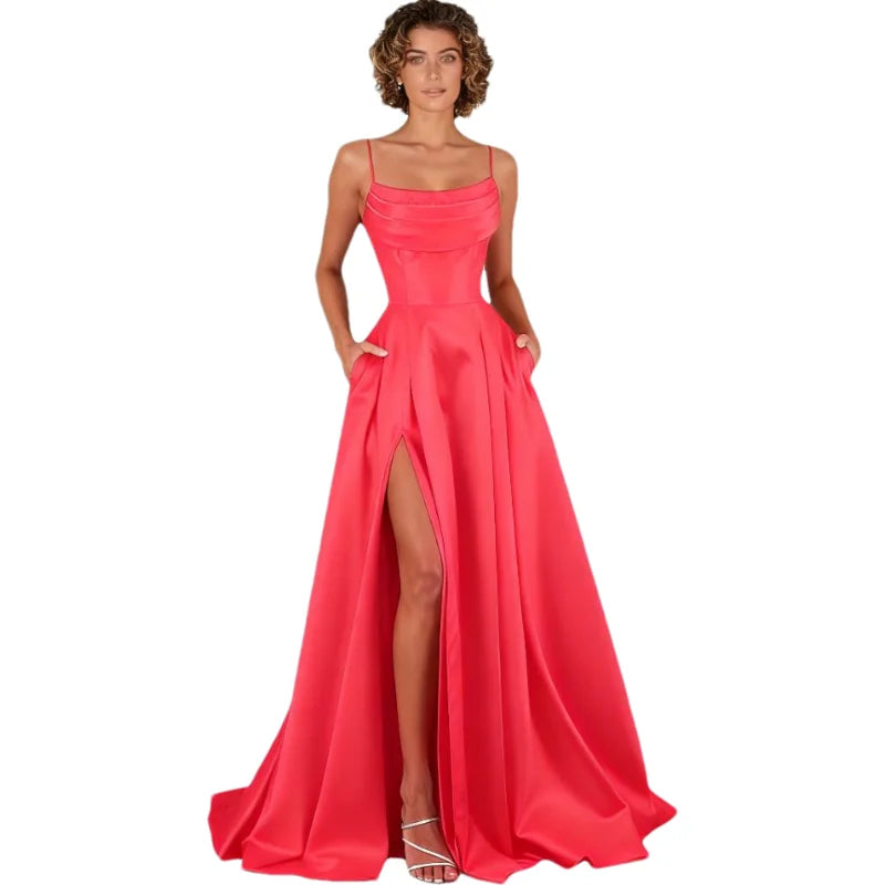 Customized Women's Spaghetti Straps Satin Prom Dresses with Slit Long A Line Formal Dress Evening Party Gowns with Pockets
