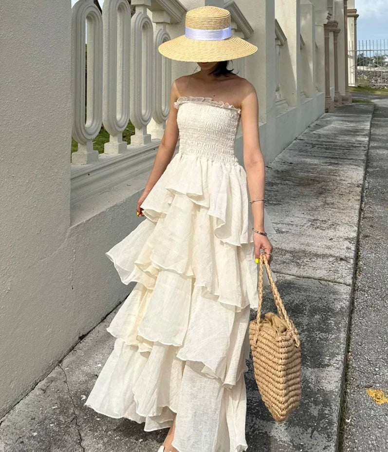 French Style Female Luxurious Strapless Cake Dress Summer Strapless Women Party Dresses Vintage Tiered Wedding Guest Dress 2025