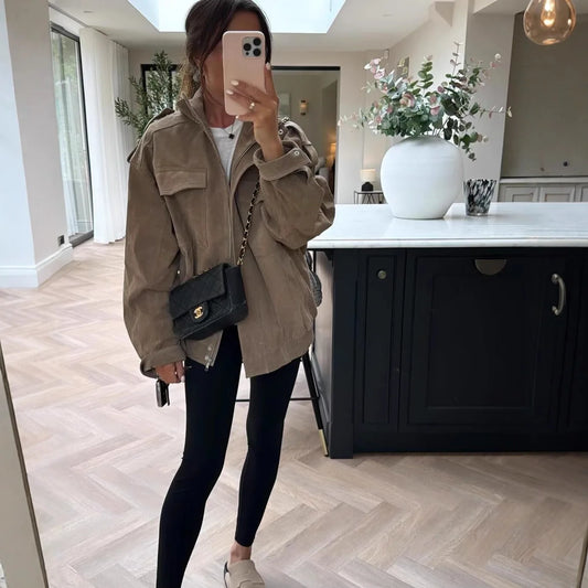 Women's Retro American Street Style Faux Leather Jacket Stand Collar Velvet Texture Autumn New Arrival Comfortable Casual