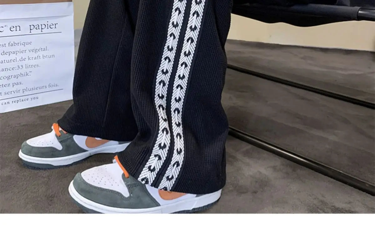 American High Street Waffle Autumn Casual Pants Men Solid Patchwork Print Trendy Fashion Pockets Loose Straight Wide Leg Trouser