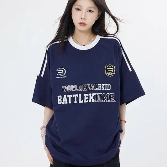 Loose Fit Crew Neck Short Sleeve T-Shirt Women's American Retro Patchwork Color Letter Summer Three Bars round Neck Top