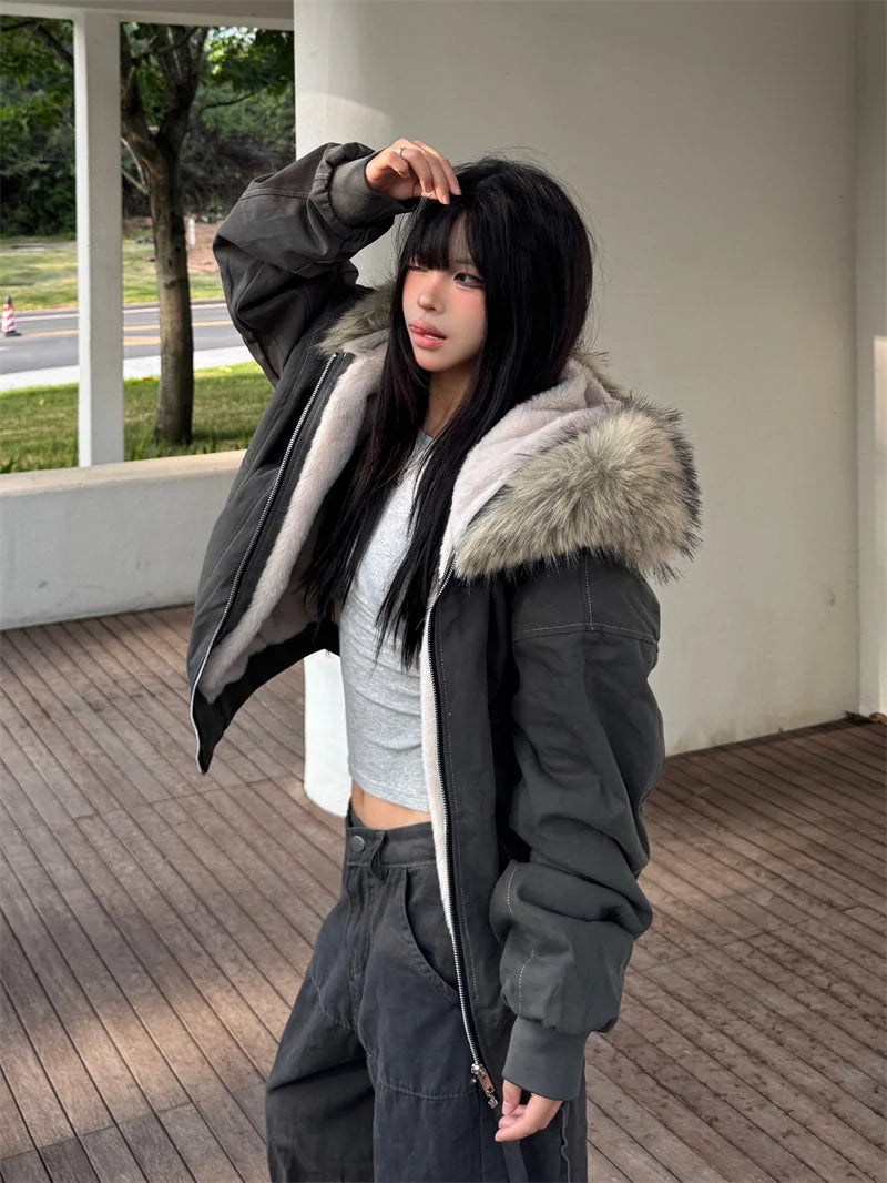 ZAROY Fur Collar Hooded Parkas Y2k Harajuku Thicken Padded Jackets Casual Zipper Gothic Women&Men Winter Coats Streetwear кур