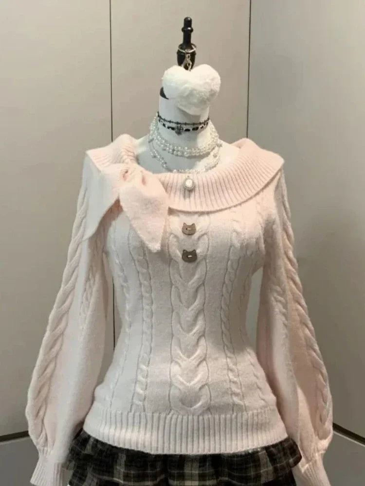 Women Sweet Hot Girl Bow Off-Shoulder Sweater Autumn Winter Elegant Sexy Fashion Knitted Tops Casual Y2k Knitwear Pullover New