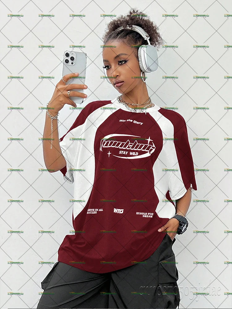 Women's Summer Autumn Streetwear Oversized Racing Motorcycle Print Color Block Raglan Sleeve T-Shirt Casual Loose Tops Y2k Tees