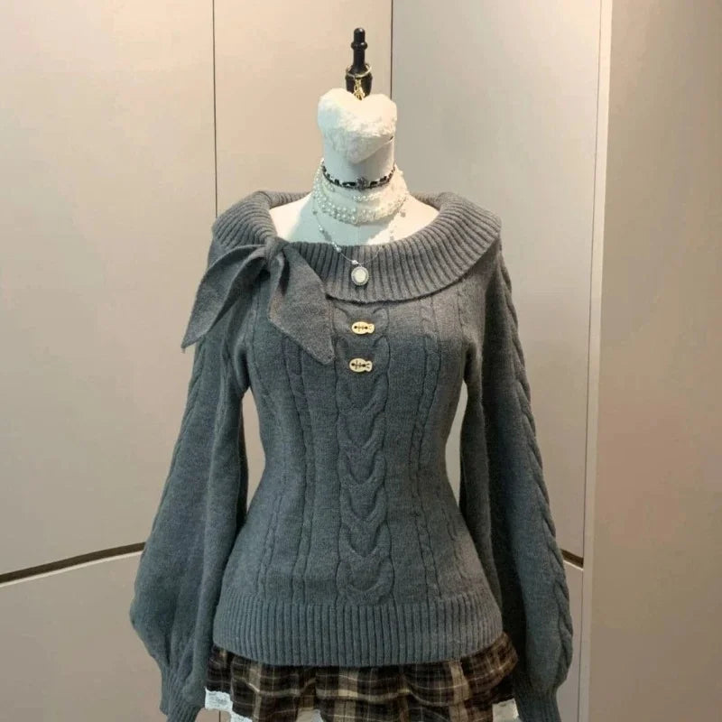 Women Sweet Hot Girl Bow Off-Shoulder Sweater Autumn Winter Elegant Sexy Fashion Knitted Tops Casual Y2k Knitwear Pullover New