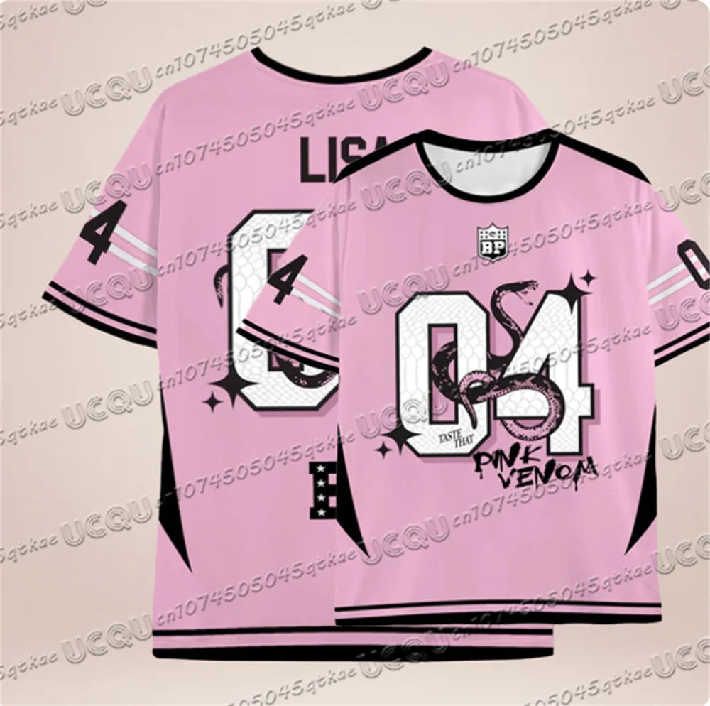 Pink Black Contrasting Snake Print Pattern Jersey T-Shirt For Summer Women'S Korean Girl Group Tee O-Neck Loose Casual Top