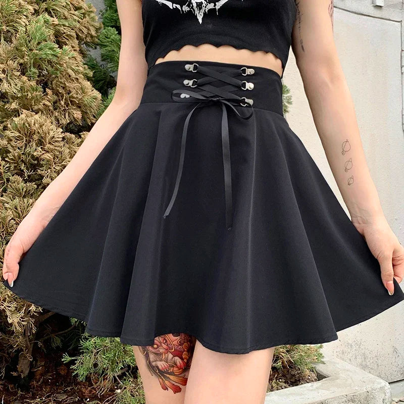 Women's Basic Versatile Flared Casual Mini Skater Skirt High Waisted School Goth Punk Black Skirt Harajuku