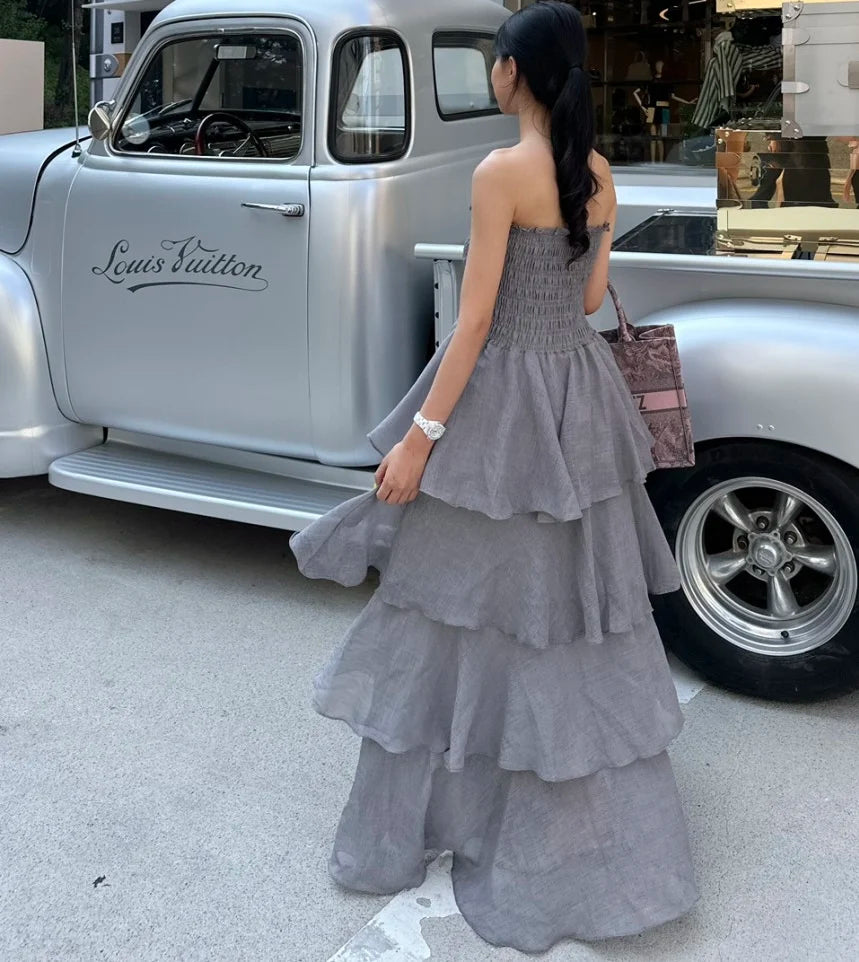 French Style Female Luxurious Strapless Cake Dress Summer Strapless Women Party Dresses Vintage Tiered Wedding Guest Dress 2025