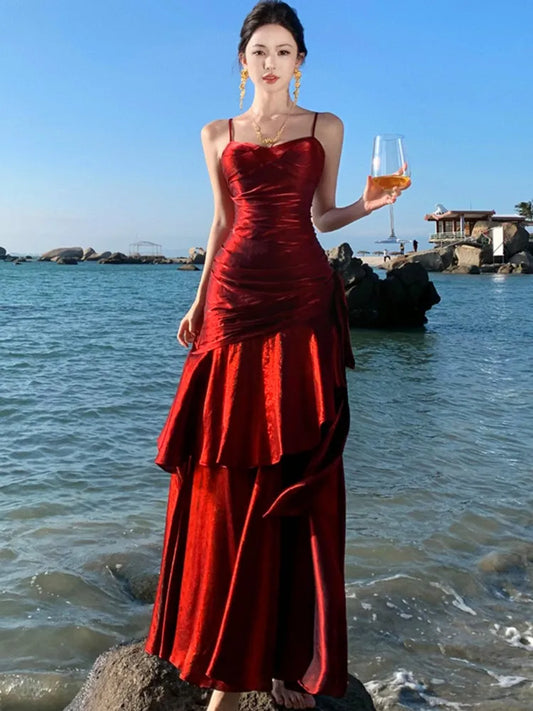 Elegant Ruffle Womens Dresses Sexy Spaghetti Strap Evening Birthday Party Dress Wedding Prom Vestidos Long Robe Female Clothing