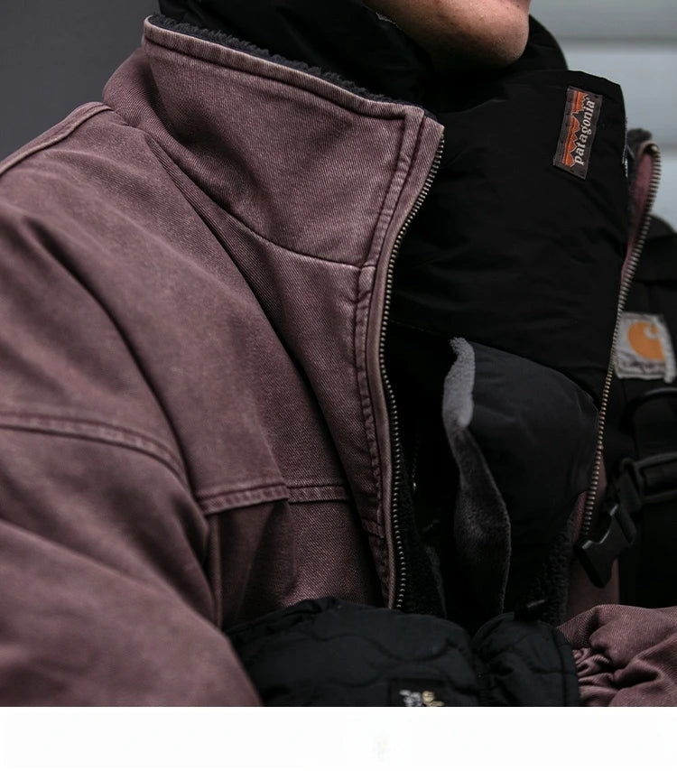 Winter Heavyweight Mens Jacket Japanese Vintage PU Coated Windproof Thick Fleece Lined Warm Distressed Streetwear Long Coat Male