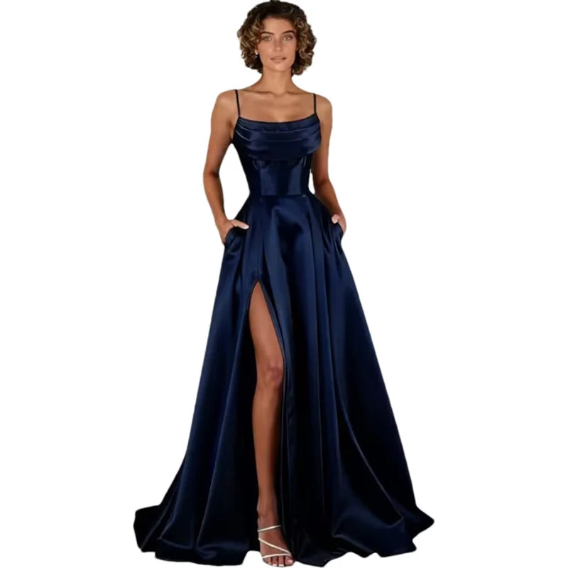 Customized Women's Spaghetti Straps Satin Prom Dresses with Slit Long A Line Formal Dress Evening Party Gowns with Pockets