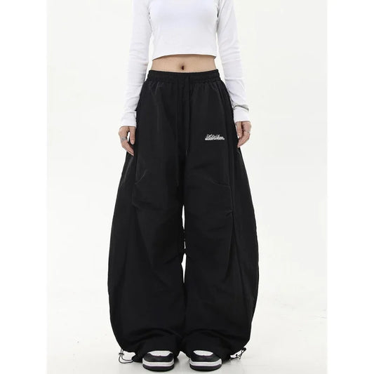 American retro hip-hop street work pants with a high-end feel, pleated umbrella, military workwear, high waisted drawstring pant