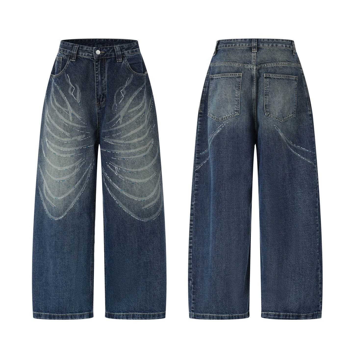 CHIC Men Wide Leg Baggy Jeans Denim Butterfly Moustache Laser Rhinestone Straight Pants Fashion Harajuku Trousers High Quality