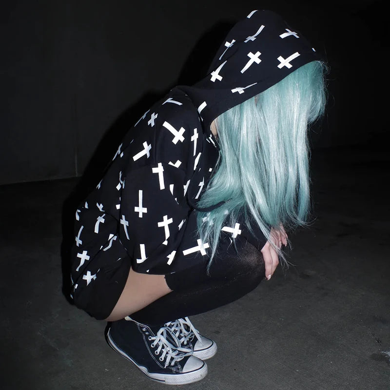 Gothic Punk Grunge Y2K Unisex Hoodie Loose Chic Casual Cross Print Cardigan Sweatshirt Harajuku Vintage Autumn Winter Streetwear