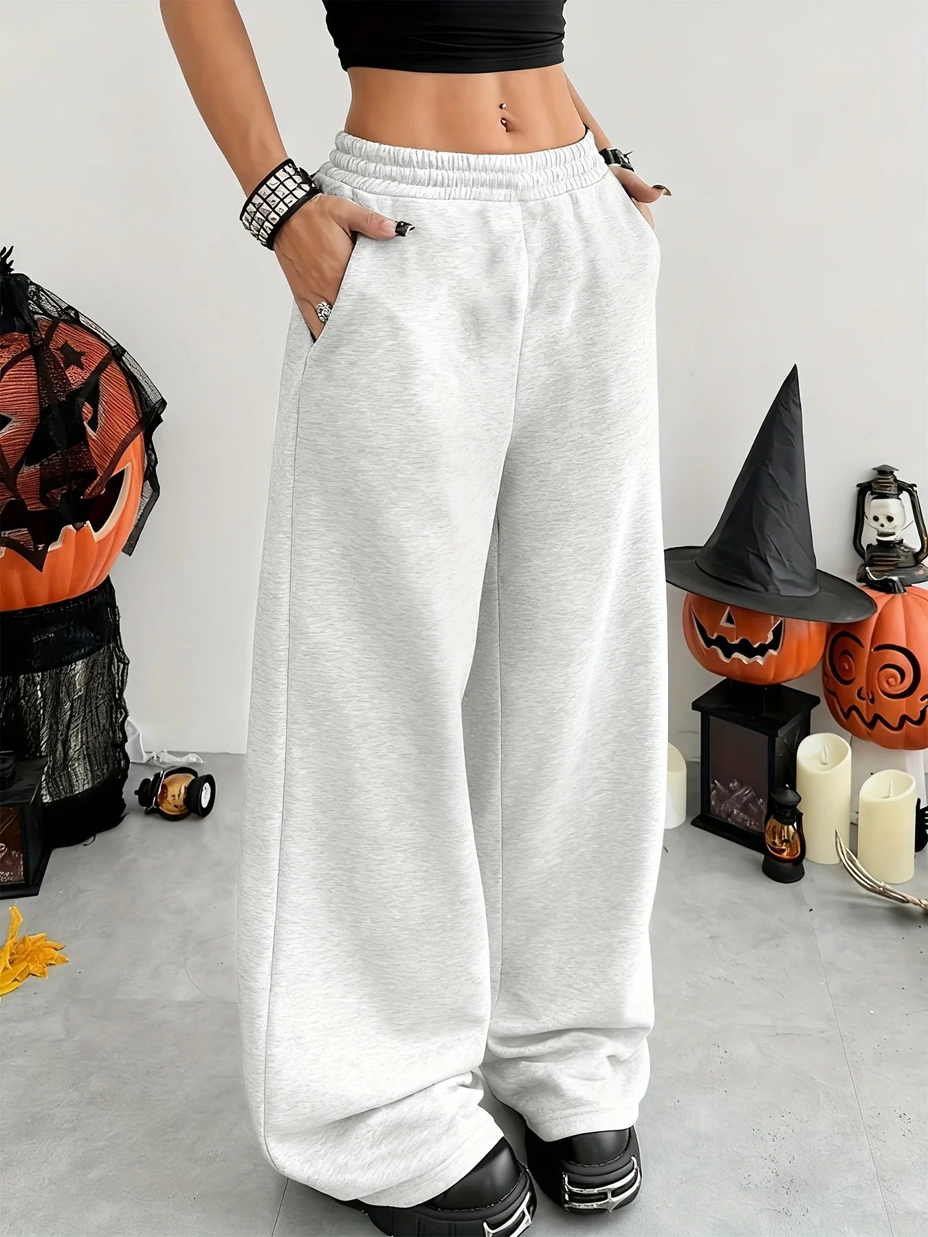 Women'S Casual Wide-Leg Joggers with Elastic Waistband Pockets Solid Color Stretchy Comfort Fit All-Season Comfort
