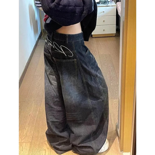 Black Womens Jeans High Waist Vintage Design Hip Hop Straight Baggy Denim Pants Street Y2K American Style Wide Leg Denim Trouser