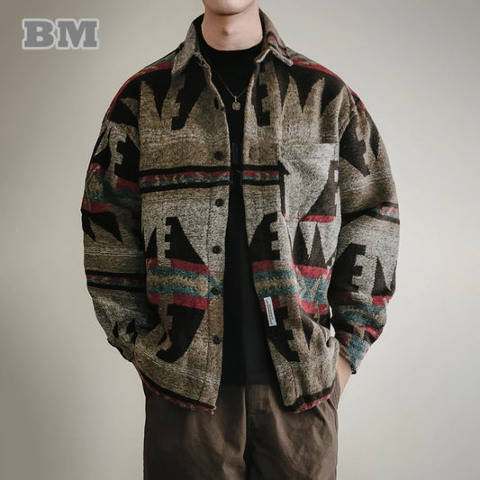 ‌Japanese Vintage Heavyweight Flannel Shirt For Men Ethnic Print Long Sleeve Loose Fit Oversized Autumn Winter Fashion Coat
