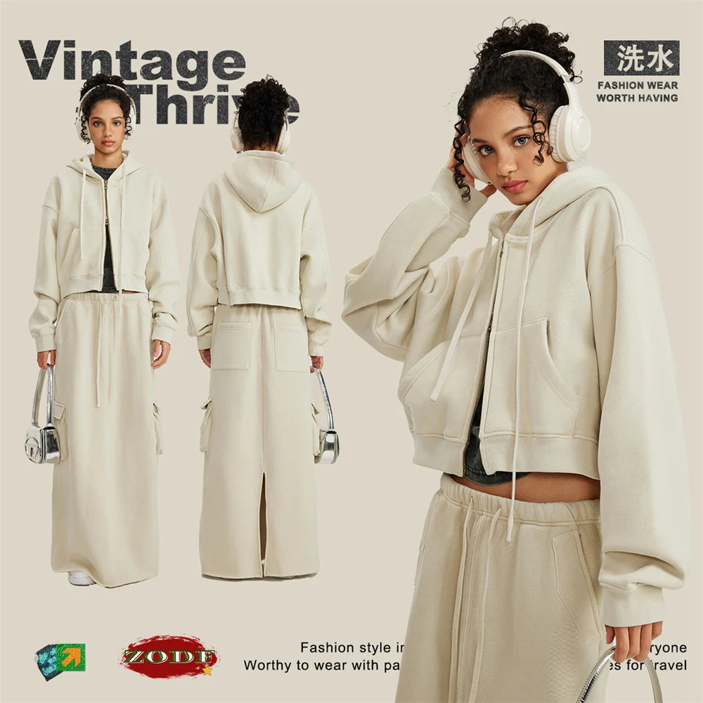 ZODF Retro 2025 Winter Women Short Zipper Hoodies Female Girls Loose 355gsm Thick Fleece Hooded Zip-up Coat Streetwears HY0448