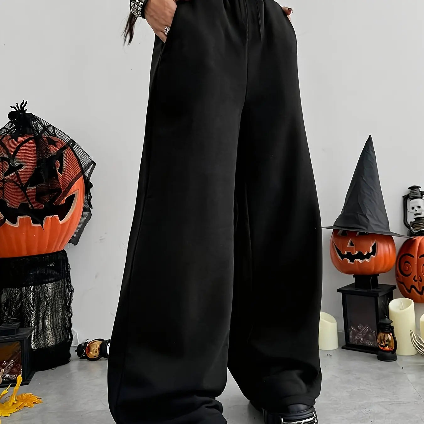 Women'S Casual Wide-Leg Joggers with Elastic Waistband Pockets Solid Color Stretchy Comfort Fit All-Season Comfort