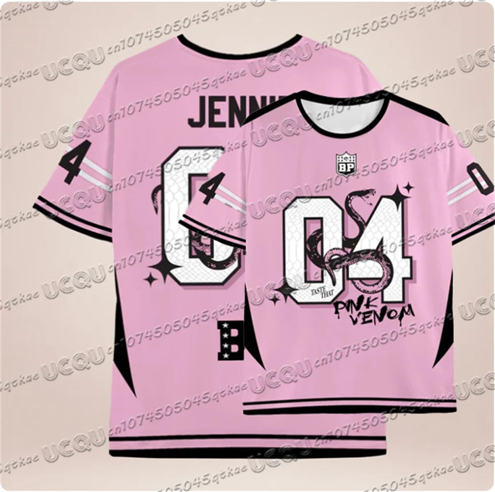 Pink Black Contrasting Snake Print Pattern Jersey T-Shirt For Summer Women'S Korean Girl Group Tee O-Neck Loose Casual Top