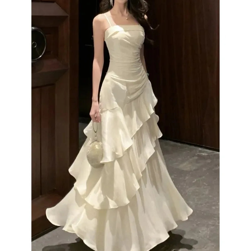 French Elegant Luxury Ruffles Sling Mermaid Dress Prom Gown  Zipper Tierred Shoulder Dresses 2025 Summer Chic New Vestidos