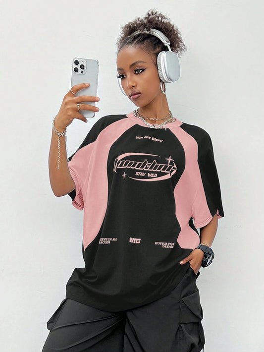Women's Spring_Summer Streetwear Oversized Racing Motorcycle Print Color Block Raglan Sleeve T-Shirt Casual Top Tee