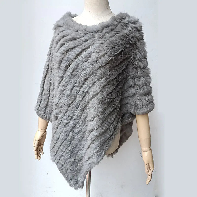 HSPL 2023 Spring Hot Sale Knitted Natural Fur Shawl  Fashion Rabbit Fur Cape Shawl Genuine Rabbit Fur Women Black Fur Poncho