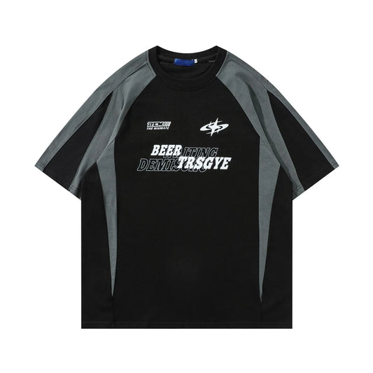 Vintage Color Block Tees Tops Men Streetwear Hip Hop Letter Print Casual TShirt Oversized Harajuku Sport Short Sleeve T-Shirts