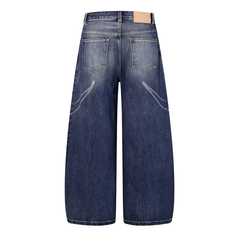 Vintage Drill Printed Hip Hop Jeans Pants Loose Streetwear Casual Denim Trousers For Male Blue