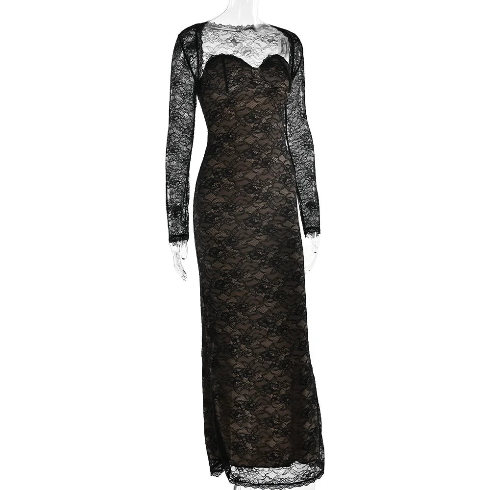 Elegant Off Shoulder Backless Long Wrap Dress with Long Sleeve Shawl Women High Waist Tunics Bodycon Lace Evening Party Dresses