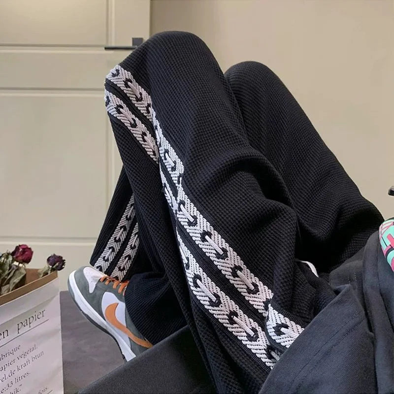 American High Street Waffle Autumn Casual Pants Men Solid Patchwork Print Trendy Fashion Pockets Loose Straight Wide Leg Trouser