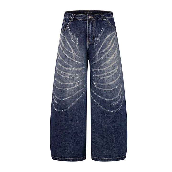 Vintage Drill Printed Hip Hop Jeans Pants Loose Streetwear Casual Denim Trousers For Male Blue