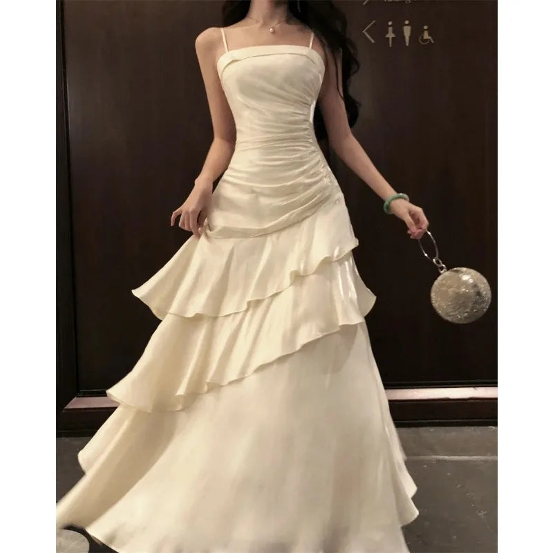 French Elegant Luxury Ruffles Sling Mermaid Dress Prom Gown  Zipper Tierred Shoulder Dresses 2025 Summer Chic New Vestidos