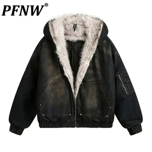 PFNW Menswear Thickened Denim Quilted Padded Jackets Autumn Winter New Oversized Fur Collar Hooded Cotton-padded Coat CPG2406