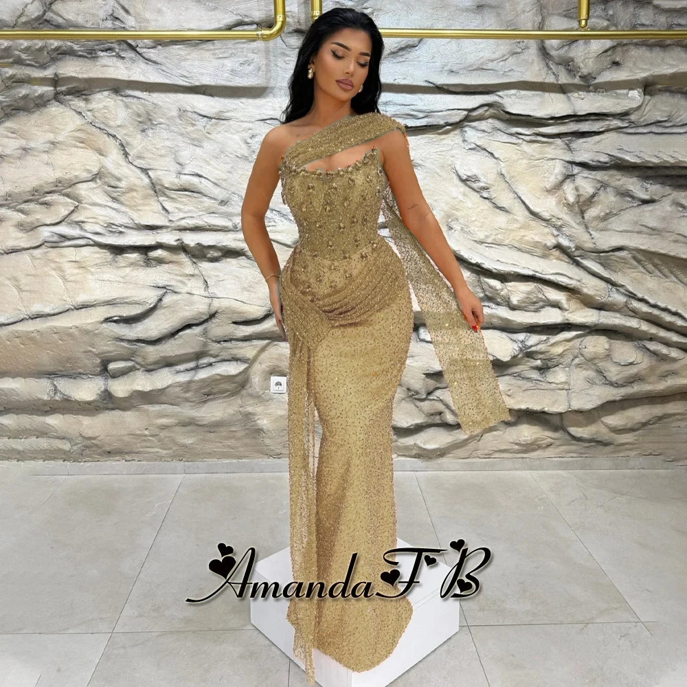 Amanda Sparkly Sequins and Beads Evening Dress Pleat Scoop Neck Trumpet Sleeveless Diamond Pageant Vestidos De Gala Customized