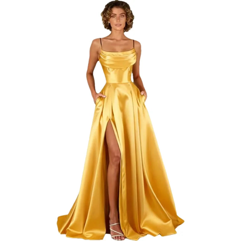 Customized Women's Spaghetti Straps Satin Prom Dresses with Slit Long A Line Formal Dress Evening Party Gowns with Pockets