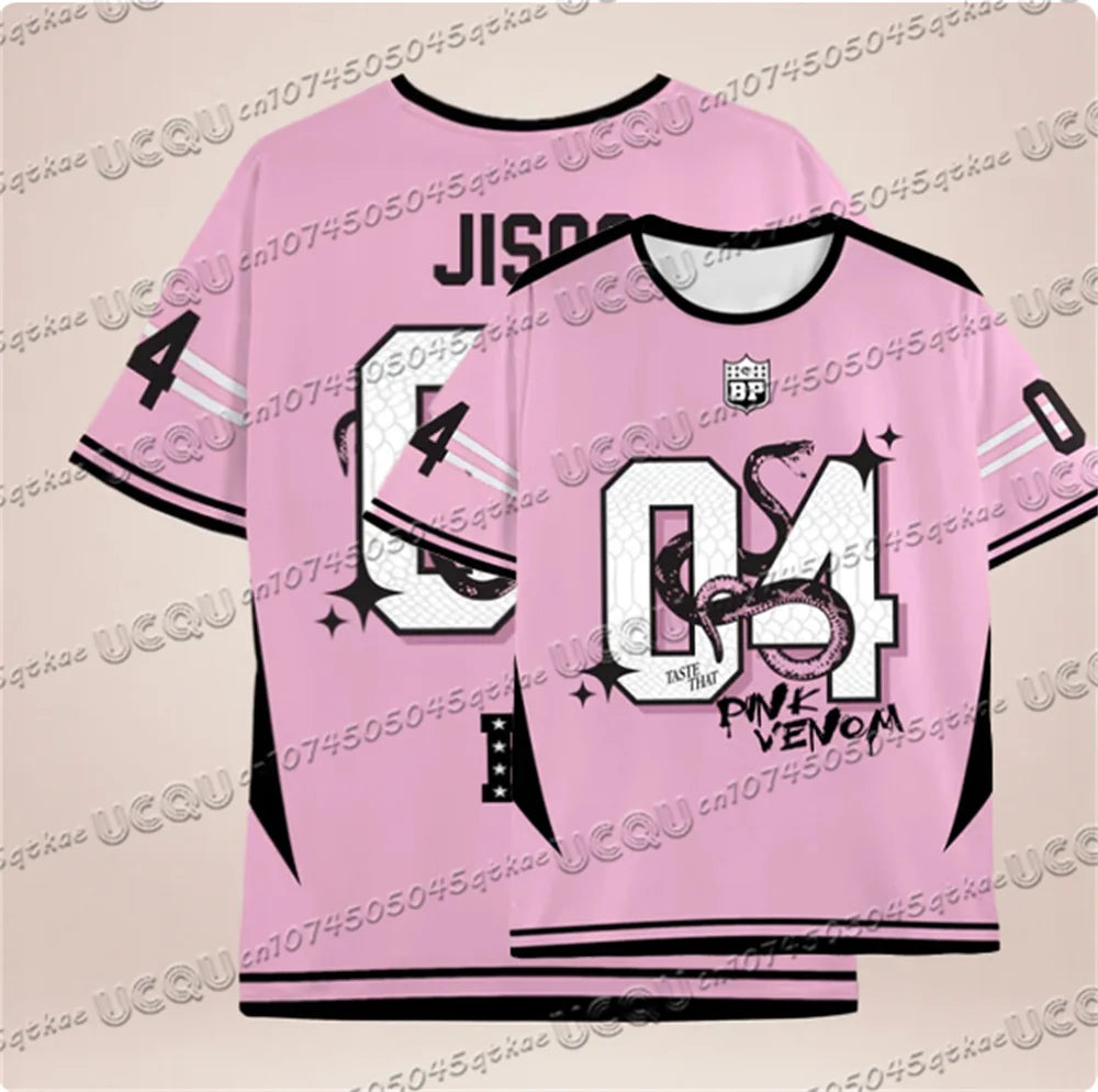 Pink Black Contrasting Snake Print Pattern Jersey T-Shirt For Summer Women'S Korean Girl Group Tee O-Neck Loose Casual Top