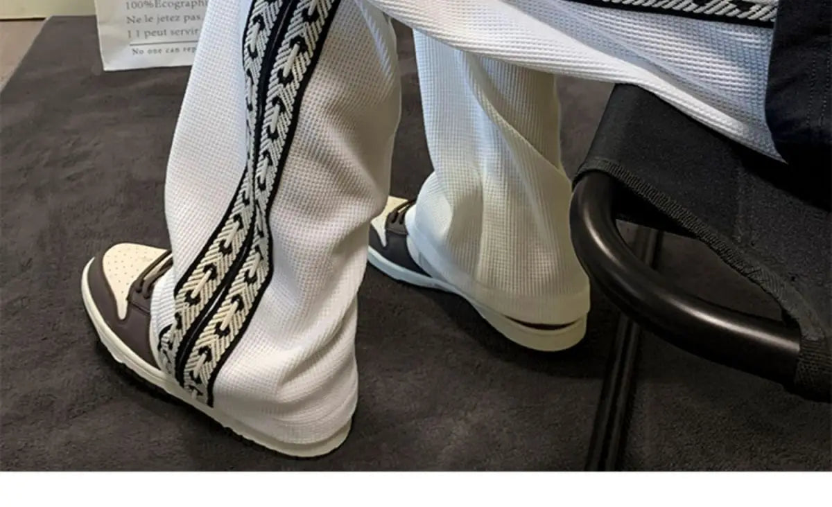 American High Street Waffle Autumn Casual Pants Men Solid Patchwork Print Trendy Fashion Pockets Loose Straight Wide Leg Trouser