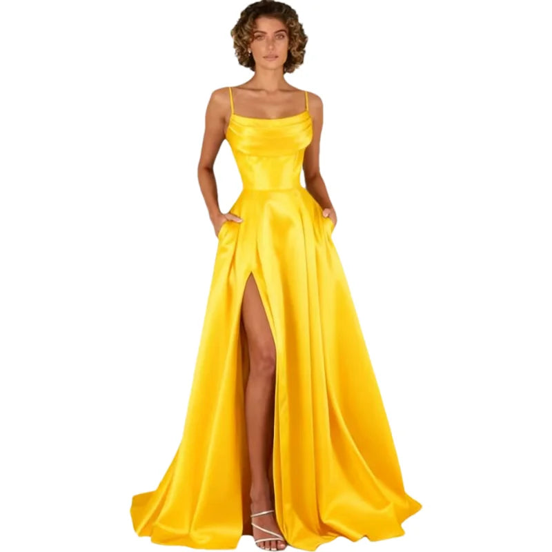 Customized Women's Spaghetti Straps Satin Prom Dresses with Slit Long A Line Formal Dress Evening Party Gowns with Pockets