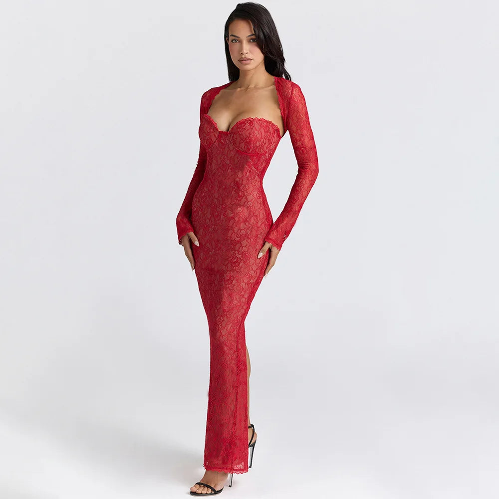 Elegant Off Shoulder Backless Long Wrap Dress with Long Sleeve Shawl Women High Waist Tunics Bodycon Lace Evening Party Dresses