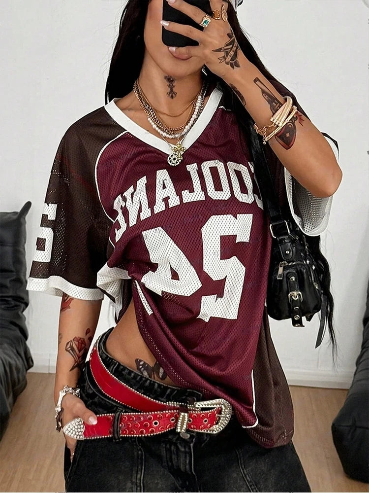 2025 Summer New Retro3D Printed Women's T-shirt V-neck Short sleeved Sports Football Suit Y2K Loose Oversized Quick Drying Top