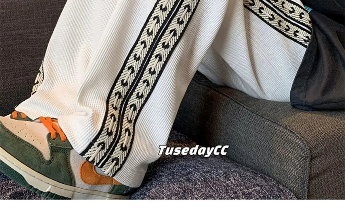 American High Street Waffle Autumn Casual Pants Men Solid Patchwork Print Trendy Fashion Pockets Loose Straight Wide Leg Trouser